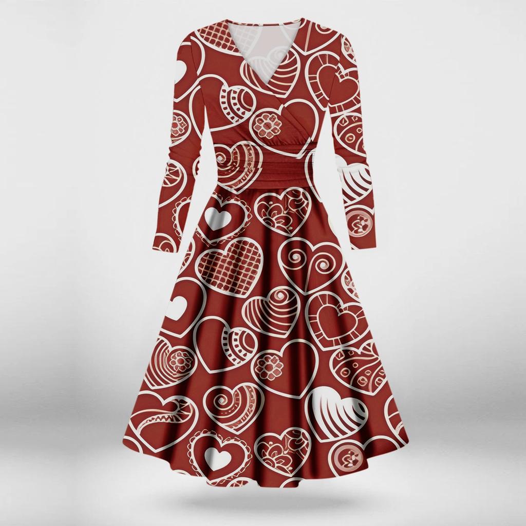 Женское модное повседневное платье с принтом ко Дню святого Валентина, длинными рукавами и V-образным вырезом, сексуальное платье