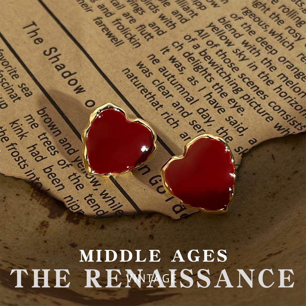 Vintage Burgundy Red Enamel Drop Earrings - Retro French Style Studs