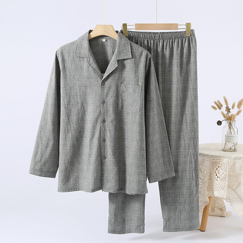 Couple pajamas men's and women's autumn woven plaid unprinted loose lapel cardigan simple loungewear set