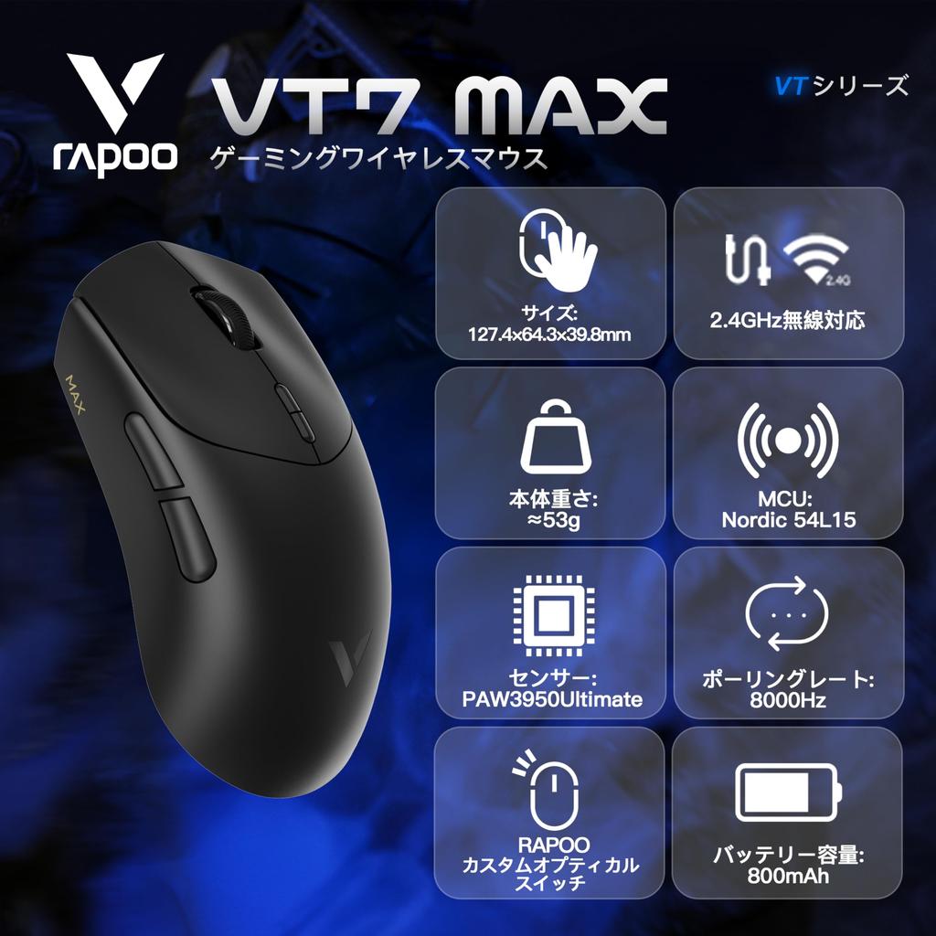 RAPOO VT MAX Series Gaming 8KHz Polling PAW3950 Ultimate Sensor Japanese MAX Mouse, 2.4G Wireless, Long-Lasting Performance, Rate, Lightweight,