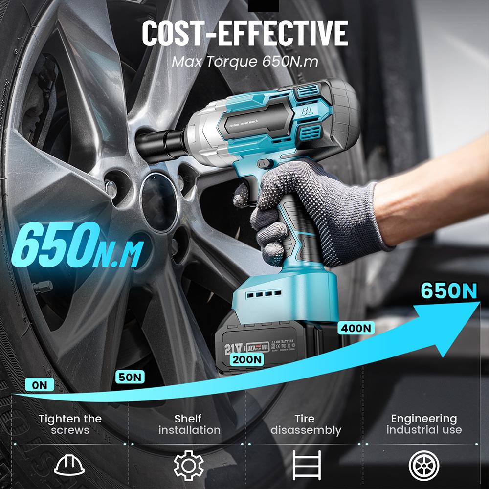 Бесщеточный электрический ударный гайковерт Seesii 650 Н·м 1/2 дюйма Аккумуляторный ударный гайковерт Отвертка Электроинструменты для разборки автомобильных шин