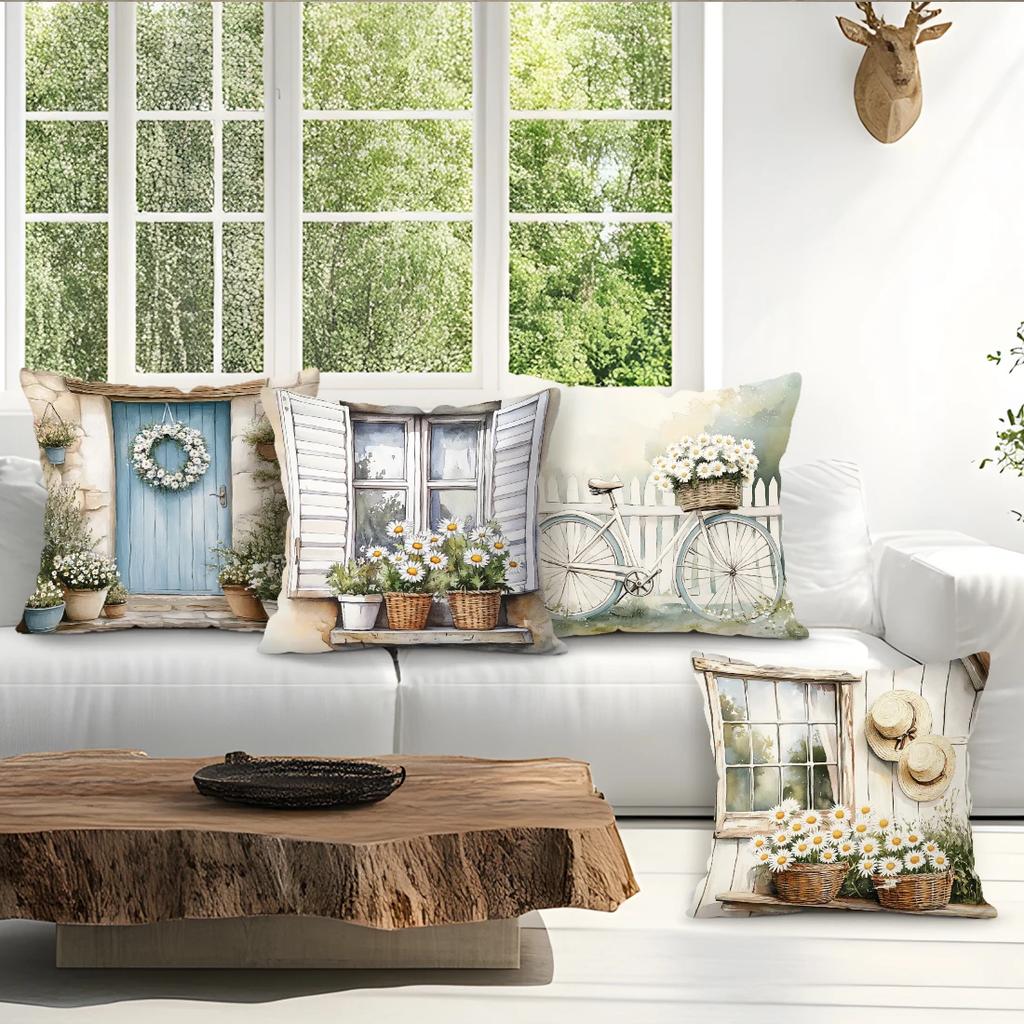 4 Pcs Rural Style Daisy Flowers Single-Sided Printed Pillowcase Cushion Cover,Suitable For Living Room,Bedroom,Car Decoration