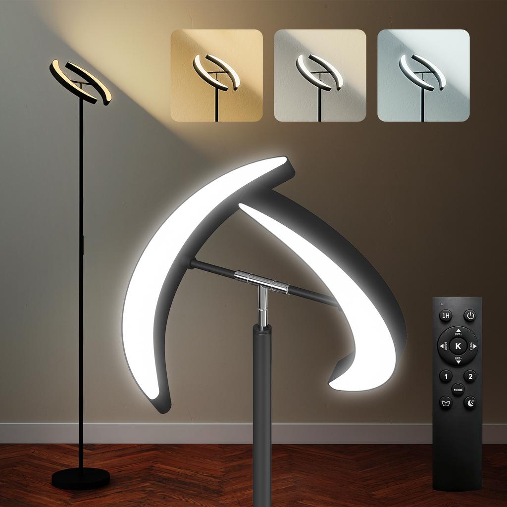 Dimmable Floor Lamp 2700K-6000K with Remote Control and Dual Head Rotating 350 degrees, Black