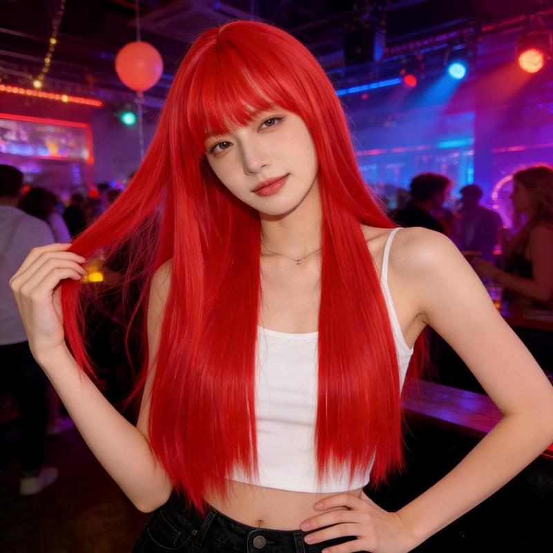 Waist-Length Straight Red Cartoon Bangs Wig for Women