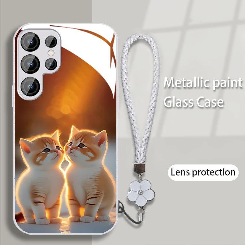Кошки Подходящий для Samsung S24PLUS Чехол для мобильного телефона S23 Девушки S22 Приятный для кожи A52 Стеклянный чехол A54 Все включено A14