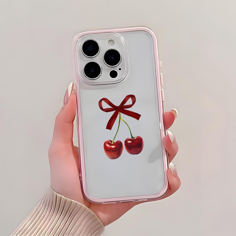 Чехол для телефона с рисунком Красная Вишня и Бант Для iPhone 17 16 15 14 13 12 11 Pro Max Plus Air 2 в 1 Конфетный Цвет Прозрачный Силиконовый Мягкий Чехол
