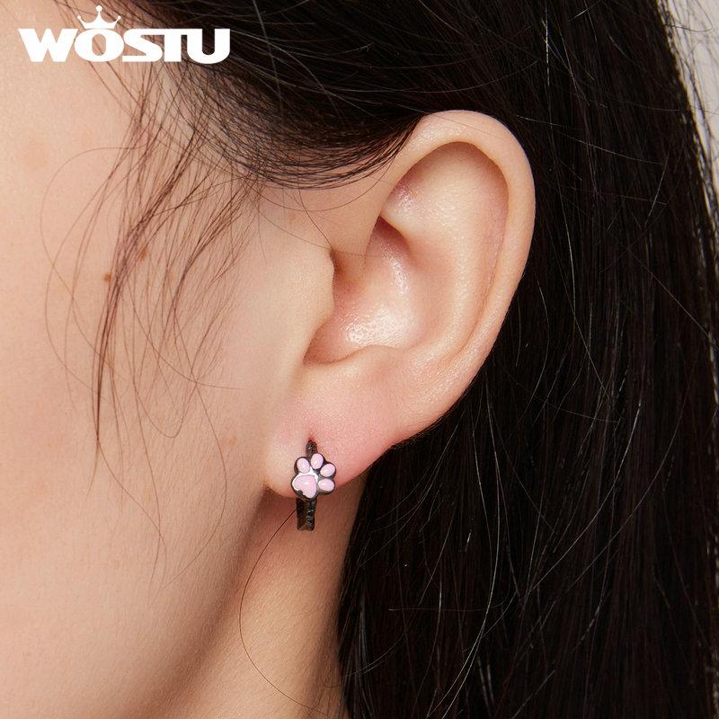 WOSTU 925 Sterling Silver Black Gold Pink Pet Cat Claw Hoop Earrings Women Lovely Animal Drop Ear Clips Birthday Jewelry Gift