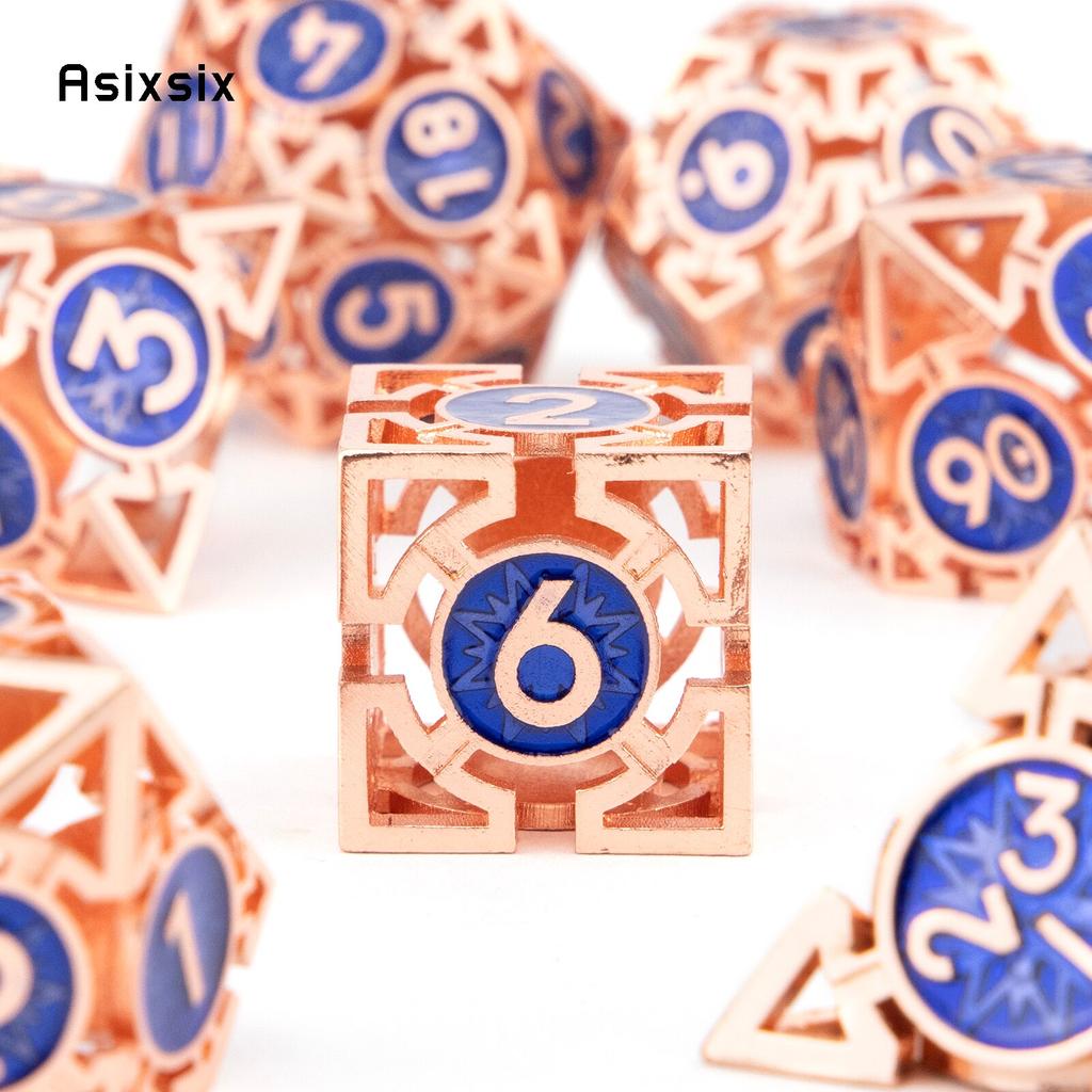 7 Pcs  Copper Blue Metal Dice Circular Hollow Metal Polyhedral Dice Set Suitable for Role-Playing RPG  Board Game Card Game