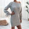 Осень Зима Женские Вязаные Платья-Свитера Воротник-лодочка Луж Повседневное Свободное Вязаное Платье-Свитер