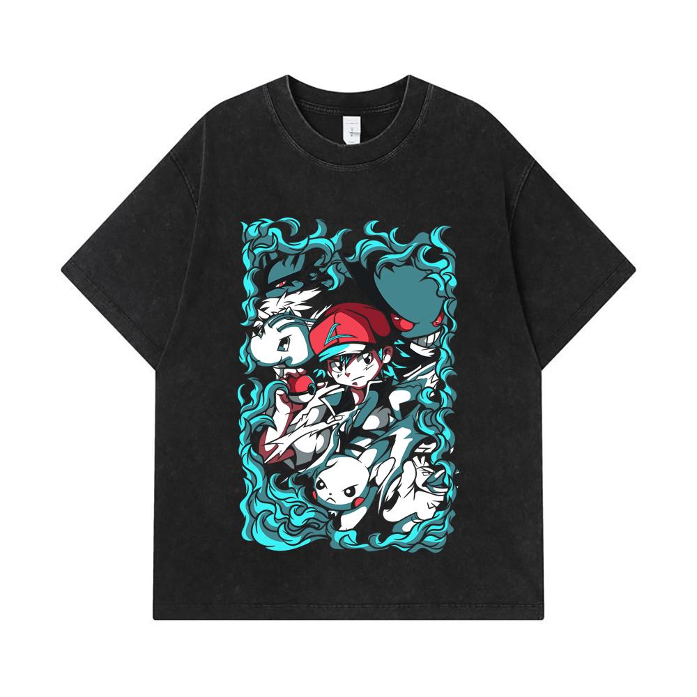 Стиранные футболки 275 г/м² 100% Хлопок Печать Pokemon V26 Унисекс Футболка из плотного хлопка
