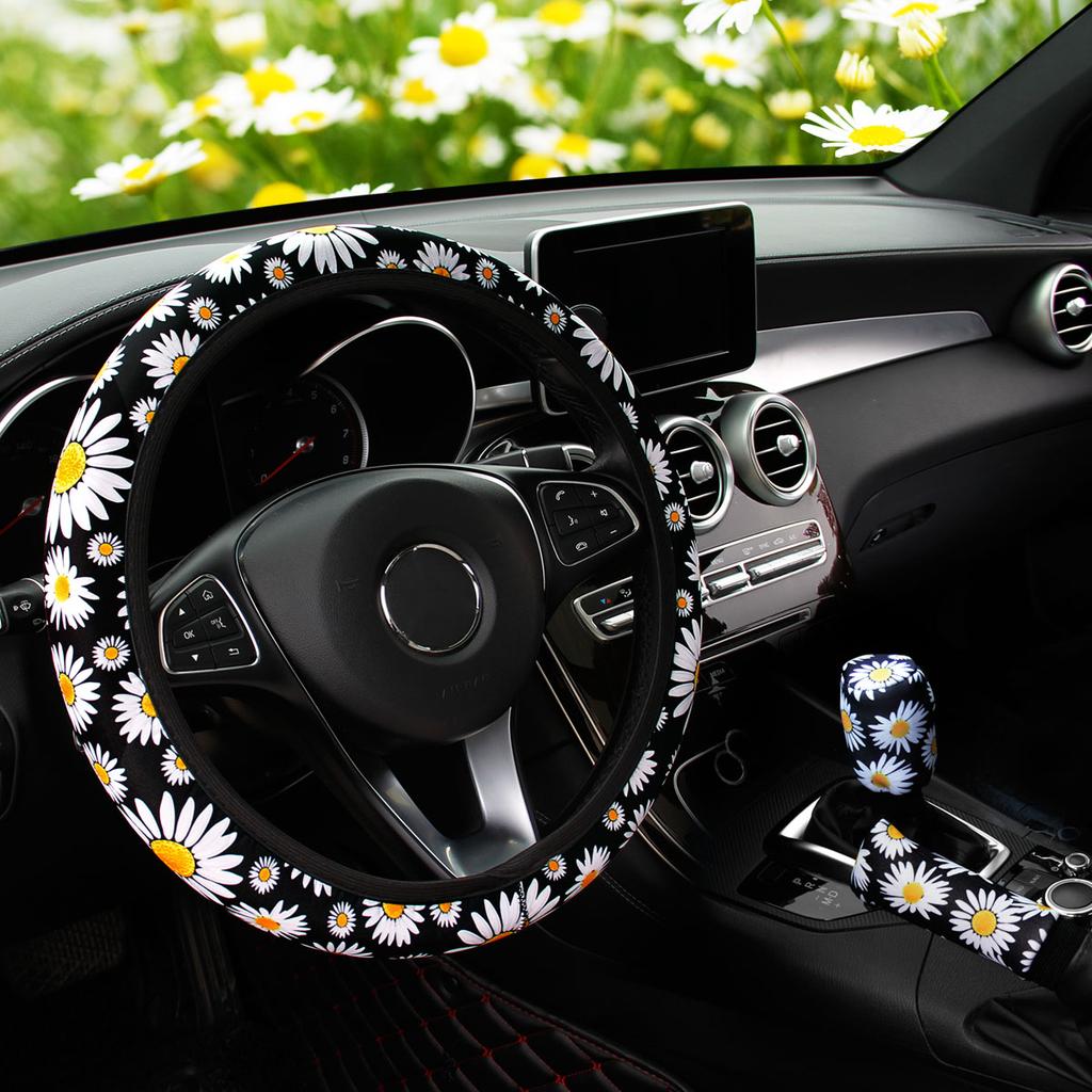 3 шт. Тканевый чехол на руль с рисунком «шахматная клетка», «цветок», «паутина», для автомобиля, без внутреннего кольца, чехол на ручник, накладка на ручку