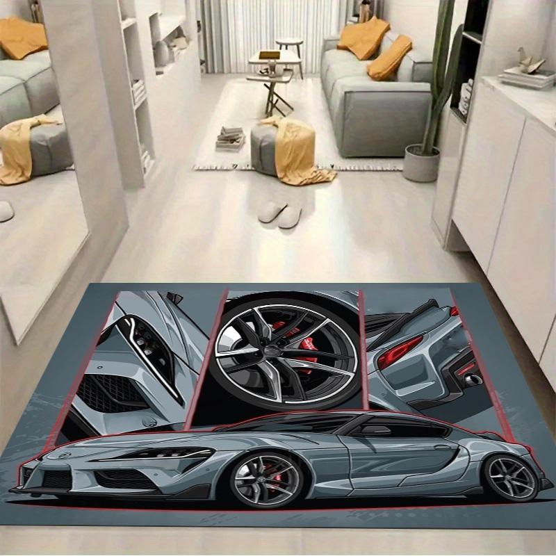 Grey Sport Car Wheel Body Detail Comic Collage Print Area Rug Non‑Slip Rectangular Floor Mat Auto Fan Decor for Gaming Bedroom Living Room