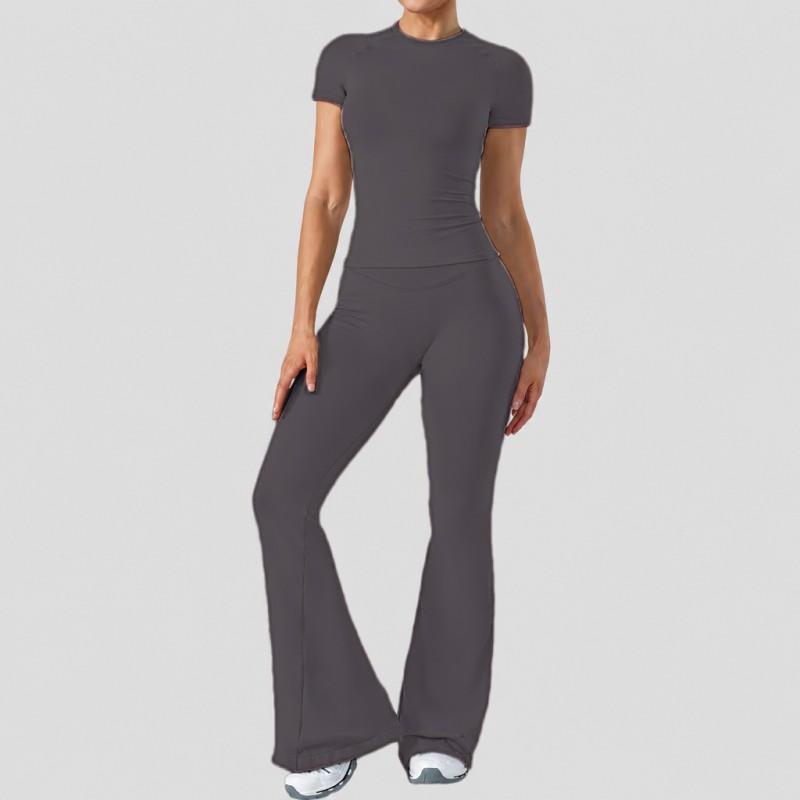 Womens High-Waisted Yoga Set With Butt-Lifting Effect Short Sleeve Top Flared Leggings Gym Fitness Running Dance