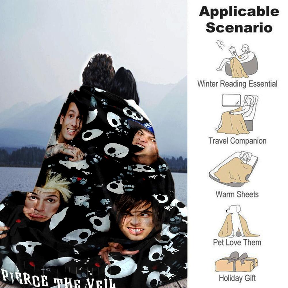 Pierce The Veil Rock Band Skull Collage Print Flannel Blanket Soft Warm Throw Blanket Music Fan Home Decor for Sofa Bedroom Travel