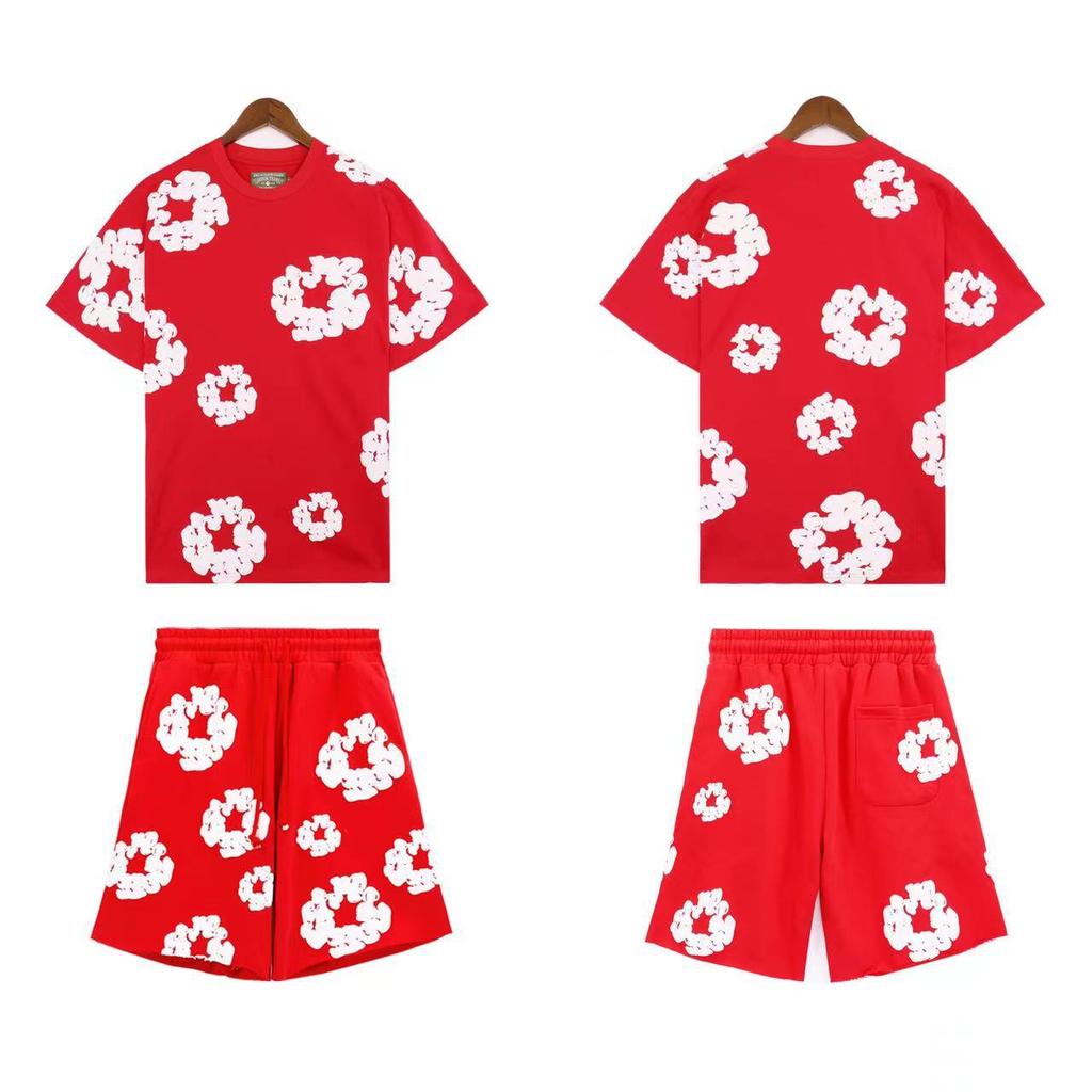 Chic Unisex Two-Piece Running Clothing Tracksuit Set 3D Kapok Foam Printing Flower Pattern Couples Short Sleeved T-shirt Shorts Set