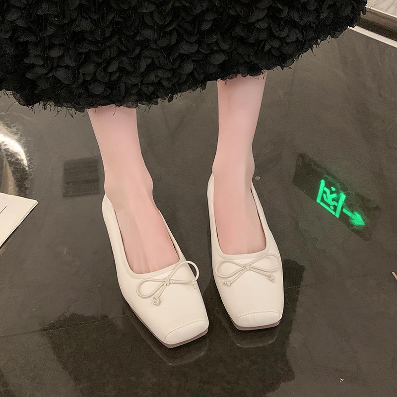 Модные туфли с бантом и квадратным носком, женские, удобные и элегантные, с неглубоким носком, разноцветные, женская обувь, на низком каблуке, балетки, повседневные