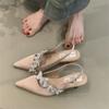 Мягкая кожа туфли-лодочки с острым носом темпераментные тонкие на низком каблуке 2025 осень новые французские легкие роскошные со стразами сумка на носке сандалии женские
