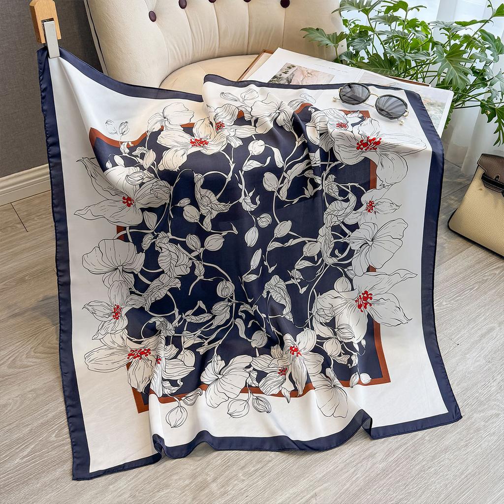 Spring And Summer 90Cm Silk Scarf Women'S Satin Printing Imitation Silk Scarf Large Square Scarf Temperament Shawl Bag Headscarf
