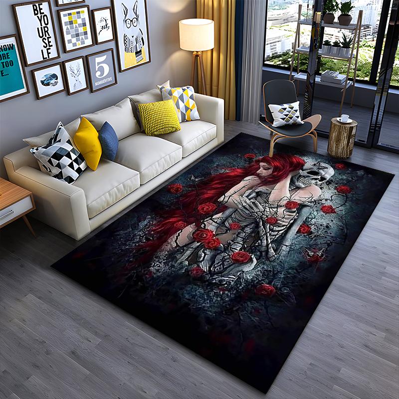 Gothic Skeleton Embrace with Red Roses Rug - Non-slip rug suitable for living room and bedroom sofas