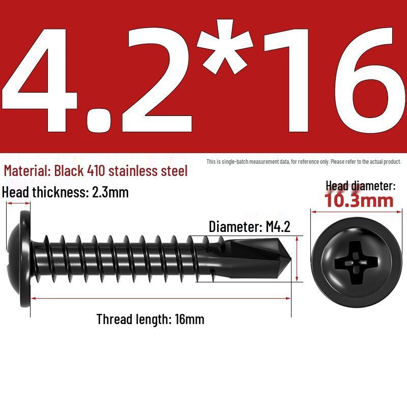 Black Phillips Flat Head Self-Tapping Screws with Washer, 410 Stainless Steel, 4.2M-4.8 Size.