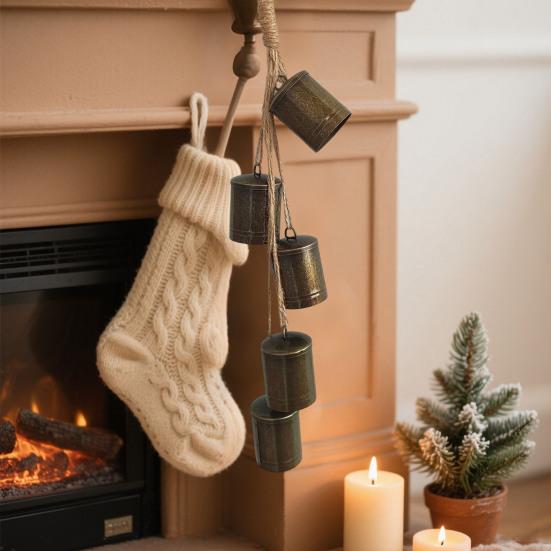 Rustic Christmas Bells Ornament Hanging Rope 5 Bells Christmas Tree Ornaments Handmade Vintage Cow Bells Wind Chime Decoration