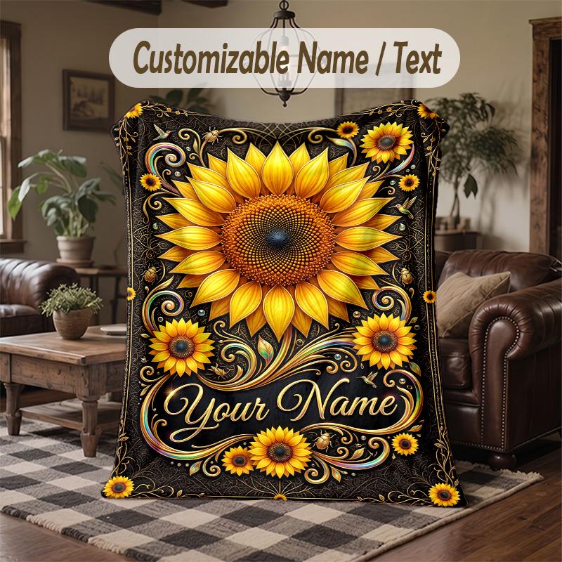 Sunburst Art Theme Throw Blanket Custom Name Text Personalized Blanket Soft Cozy Blanket for Home Sofa Bed