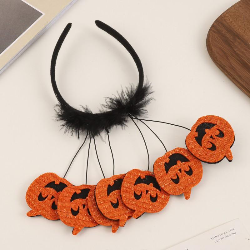 Halloween Pumpkin Hairband With Black Feather Decor Handmade Fabric Headpiece Costume Party Unisex Cute Accessory