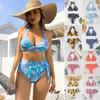 Новинка 2024 года, купальный костюм для женщин, бикини с разноцветным принтом и высокой талией, с разрезом на талии и завязками, сексуальное бикини с подвесным вырезом, школьный купальник