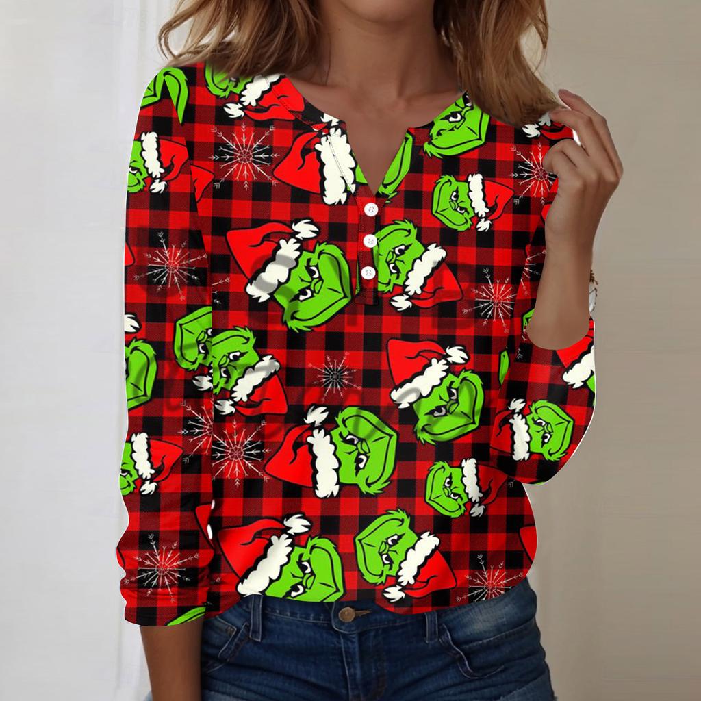 Women's Fashion Casual V-Neck Long Sleeve Decorative Button Christmas Print Top