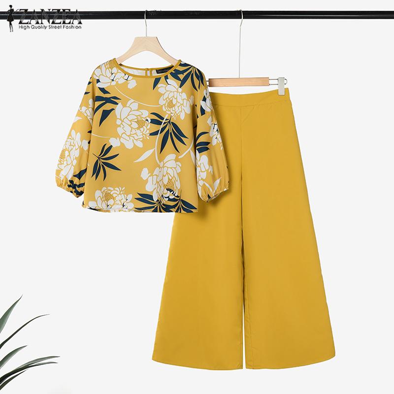 ZANZEA Женский повседневный костюм из двух частей: блузка с цветочным принтом и широкие брюки