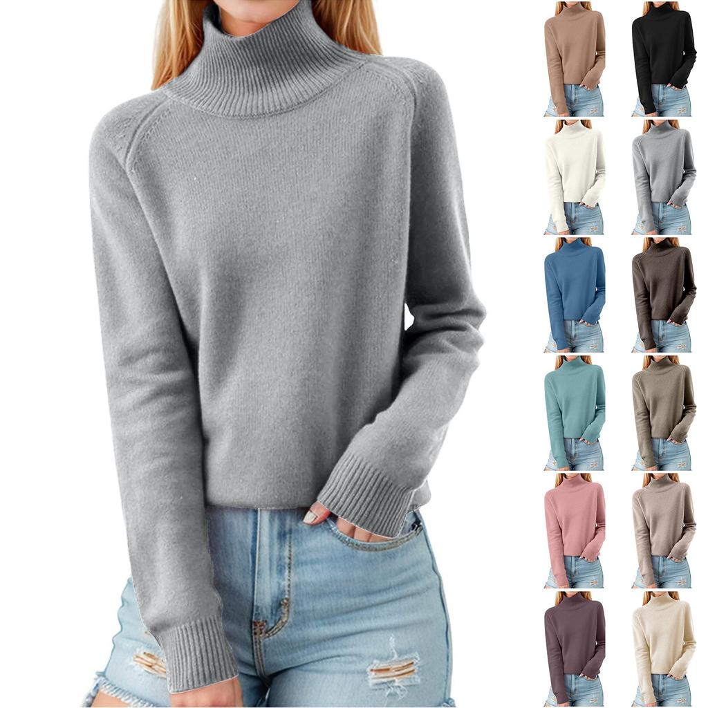 Women's Pullover Long Sleeve Knitted Casual Loose Plain Tops Stand-Up Collar Long Sleeve Winter Casual Sweatshirt Casual Turtleneck Sweater