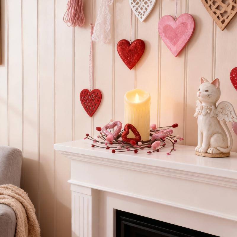 Valentine Candle Rings Wreaths Heart Berries Candle Holders Mini Wreaths for Party Wedding Window Table Centerpieces