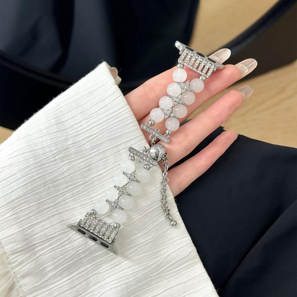 Apple Watch S8 Strap: Pearl Agate with Diamond Detail and Retractable Chain