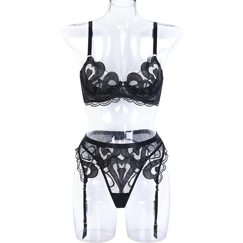 3-Piece Lace Bra Sets Hollow Out Heart Pattern Sexy Lingerie Set Ladies Black Panty Underwear Set ZPG