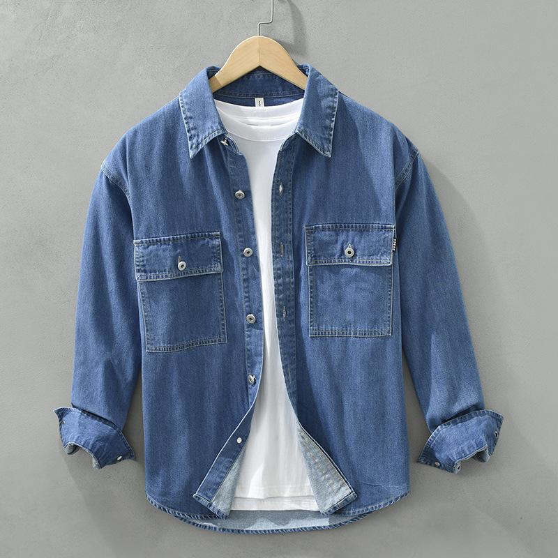 Весенне-осенние джинсовые рубашки с длинными рукавами для мужчин, новая японская модная рабочая одежда, мужские топы с карманами, свободная рубашка из чистого хлопка, повседневная мужская одежда