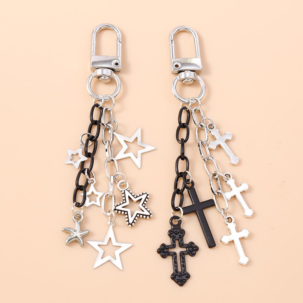 Gothic Alloy Cross Keychain Men Women Star Key Ring Pendants for Handbag Decor DIY Handmade Key Chain Gifts