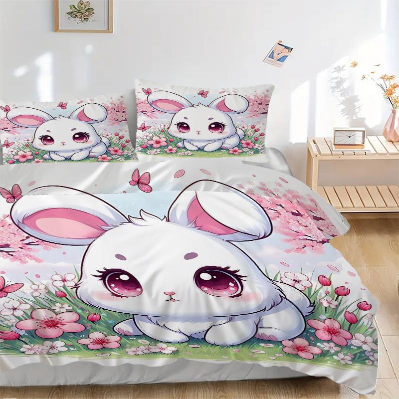 3pcs Lively White Rabbit Pattern Bedding Three-Piece Set (No Fillings), Soft and Comfortable M072