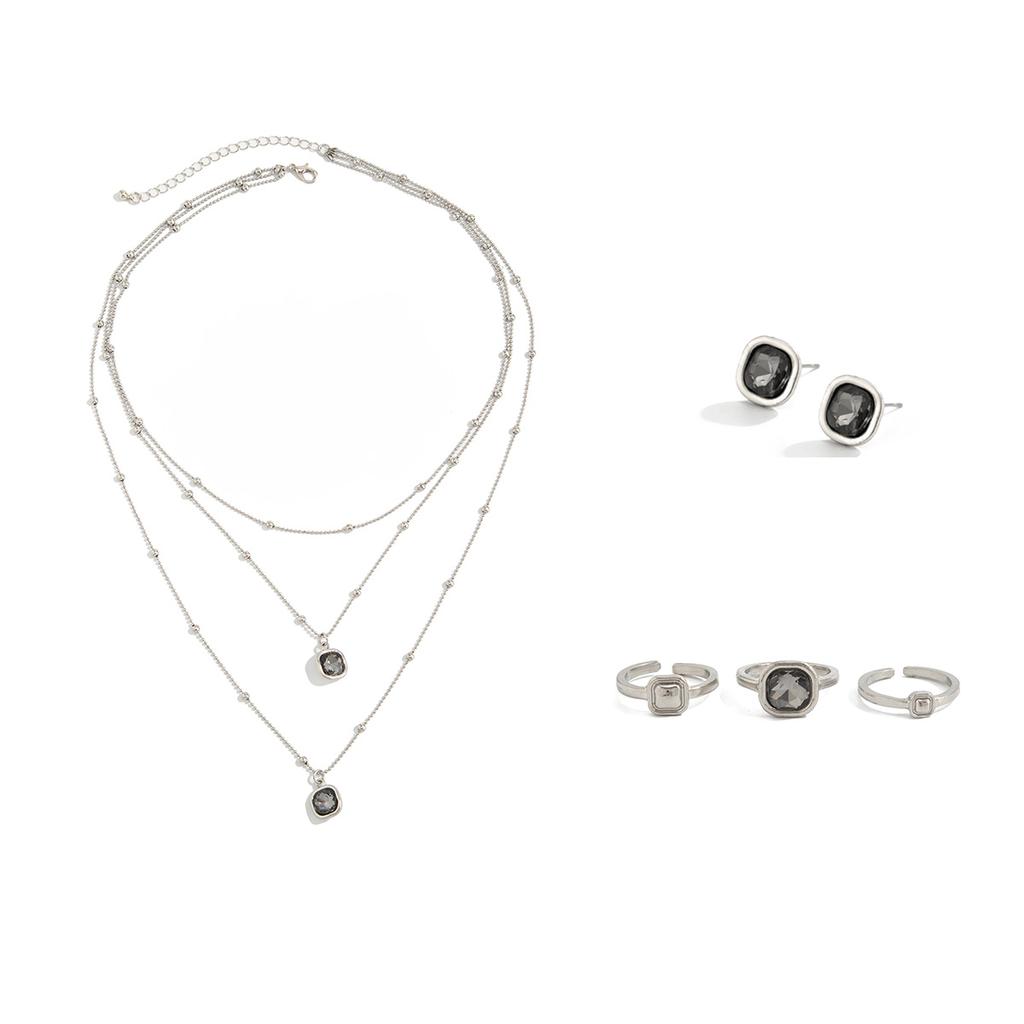 SHIXIN New Elegant Rhinestone Pendant Necklace Earrings Open Ring Set for Women Luxury Simple Multi Layer Stackable Jewelry Set