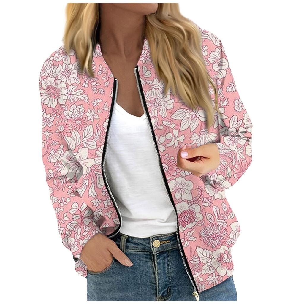 Women's Fashionable Casual Long Sleeve Floral/Leaf Print Round Neck Zipper Jacket