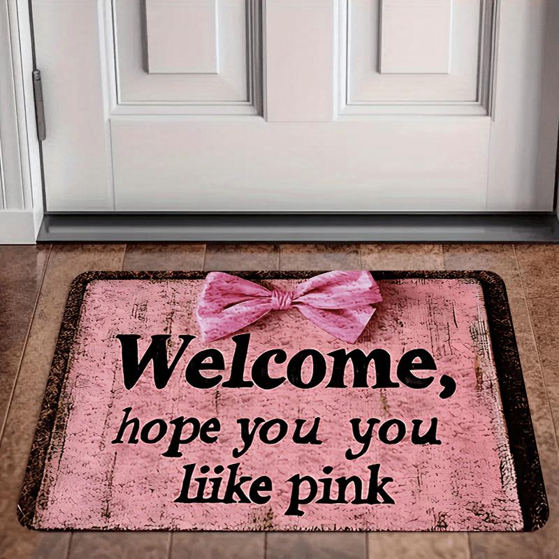 Pink Bow Welcome Doormat Vintage Wood Effect Entry Mat "Hope You Like Pink" Quote Rug for Girly Home Porch Bedroom Bathroom