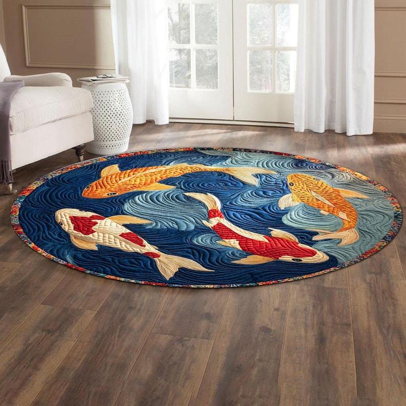 Japanese Koi Fish Round Rug, Water Wave Flannel Carpet, Zen Home Decor with Koi Pattern, Meditation Area Floor Mat