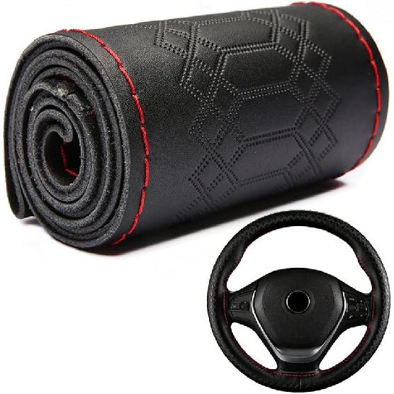 DEEYOTA Car Steering Wheel Cover Universal Fit Round Stitch Steering Wheel Wrap Thin PU Leather Steering Wheel Cover Sewn On 15" Car Wheel (Black)