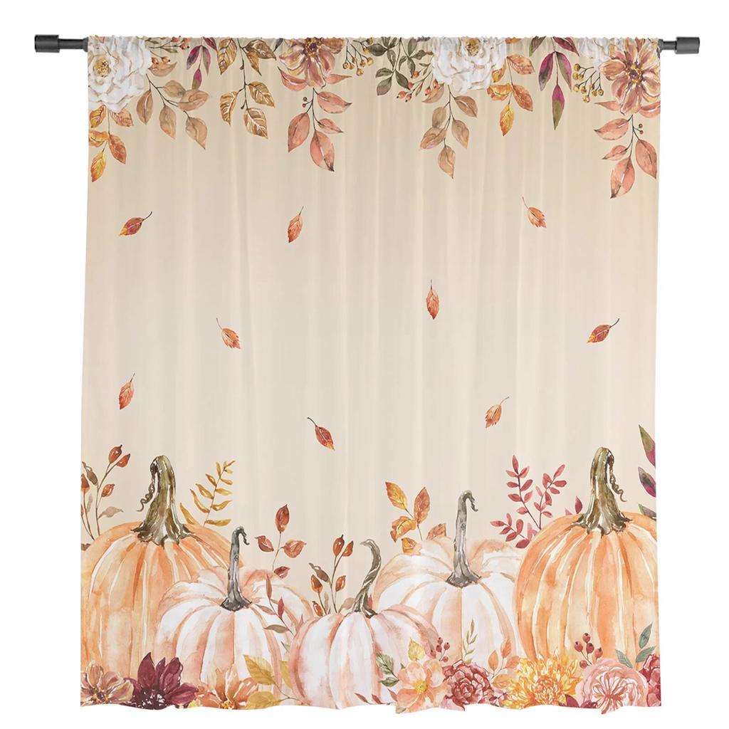 Thanksgiving Fall Pumpkin Leaves Sheer Curtains For Living Room Bedroom Tulle Curtain For Kitchen Voile Curtain Blind Panels