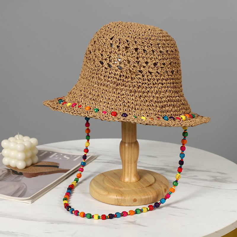 New Hyunya style colored wood beads straw hat women's summer hollow big brim sunscreen hat foldable bucket hat