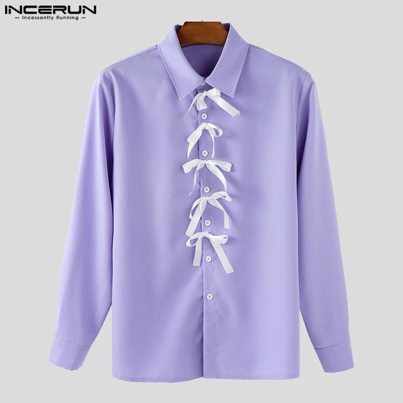 INCERUN Men Lapel Long Sleeve Front Bow Knot Back Twisted Casual Shirts
