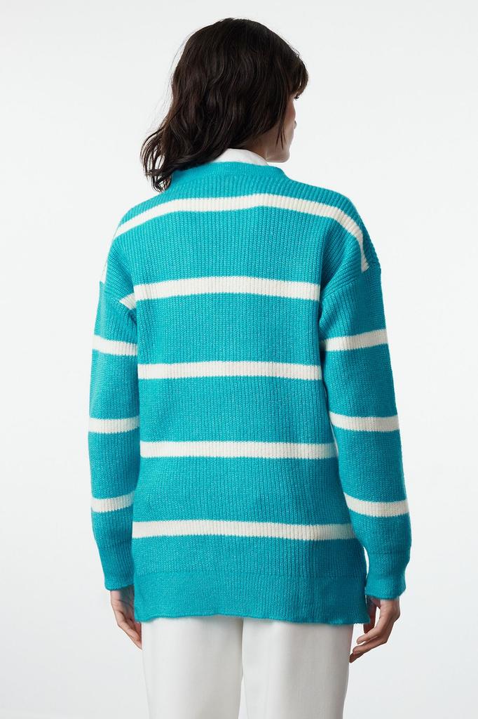 Women's Fashionable Stylish Cardigan Black Wide Fit Soft Textured Striped Knitwear Cardigan