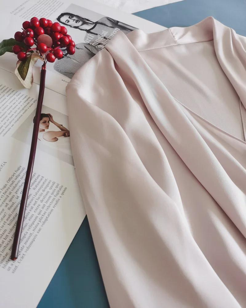 Clearance Women's V-Neck Long-Sleeve Silk Shirt - Fashionable Cream Pink with Swing Collar