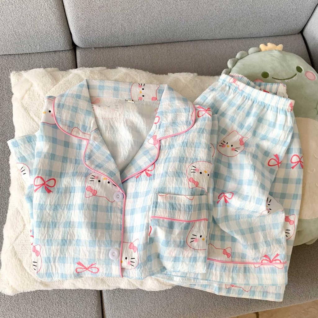 Летние новые пижамы женские с коротким рукавом шорты тонкий облачный хлопок мультяшный милый большой размер корейская версия домашняя одежда