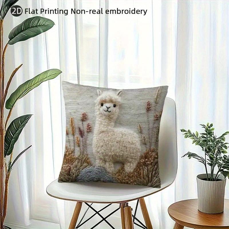 Cute Alpaca Pillow Cover 2D Print Fluffy Alpaca On Grassland Cushion Case For Sofa Bed Couch Boho Farmhouse Decor