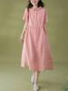 Korean Style Cotton Linen Retro Long Dress for Women, Spring/Summer 2026 Collection, Short Sleeve with Shirt Collar